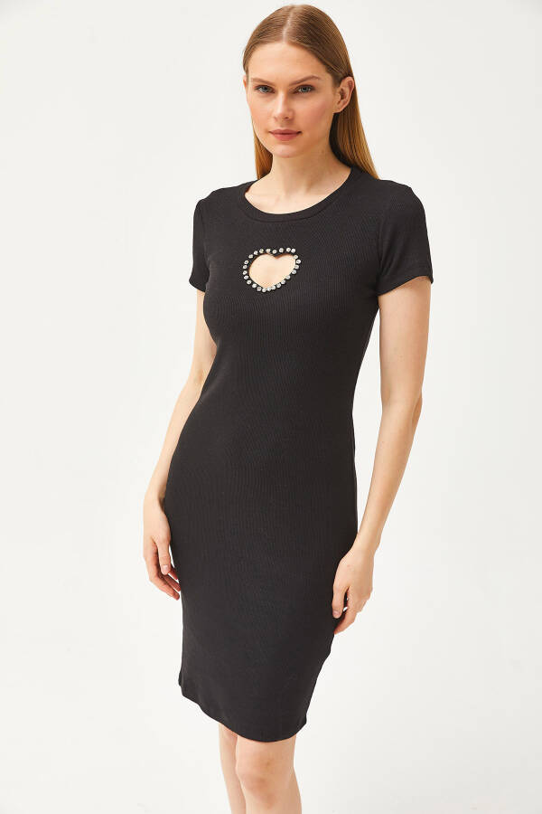 Women's Black Heart Neckline Stone Decorated Lycra Mini Cotton Dress ELB-19002065 - 2