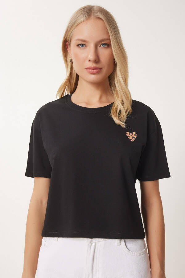 Women's Black Heart Print Cotton Short Knit T-Shirt AN00224 - 4