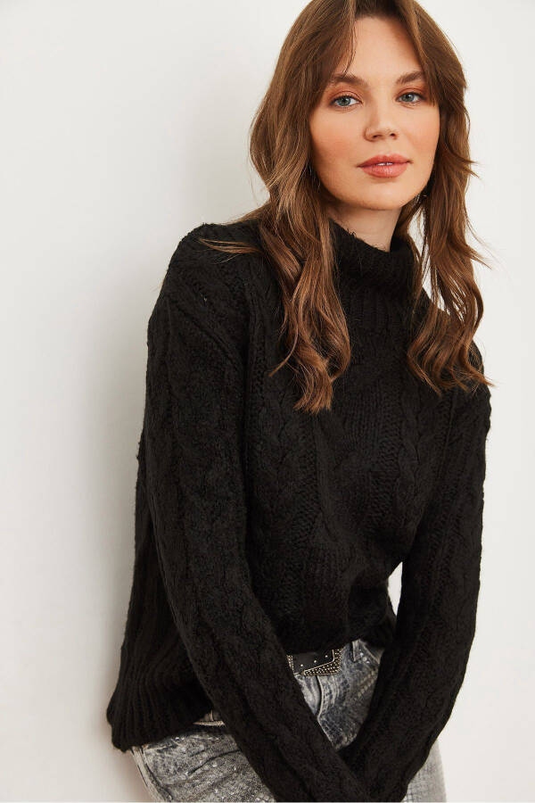 Women's Black High Neck Cable Knit Sweater KZK-19000934 - 4