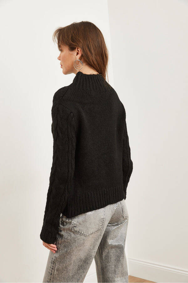 Women's Black High Neck Cable Knit Sweater KZK-19000934 - 6