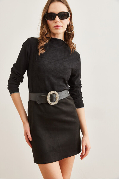 Women's Black High-Neck Ruffled Overlock Detailed Knitted Blouse BLZ-19002783 - OLALOOK (1)