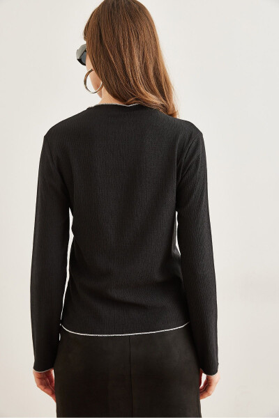 Women's Black High-Neck Ruffled Overlock Detailed Knitted Blouse BLZ-19002783 - 6