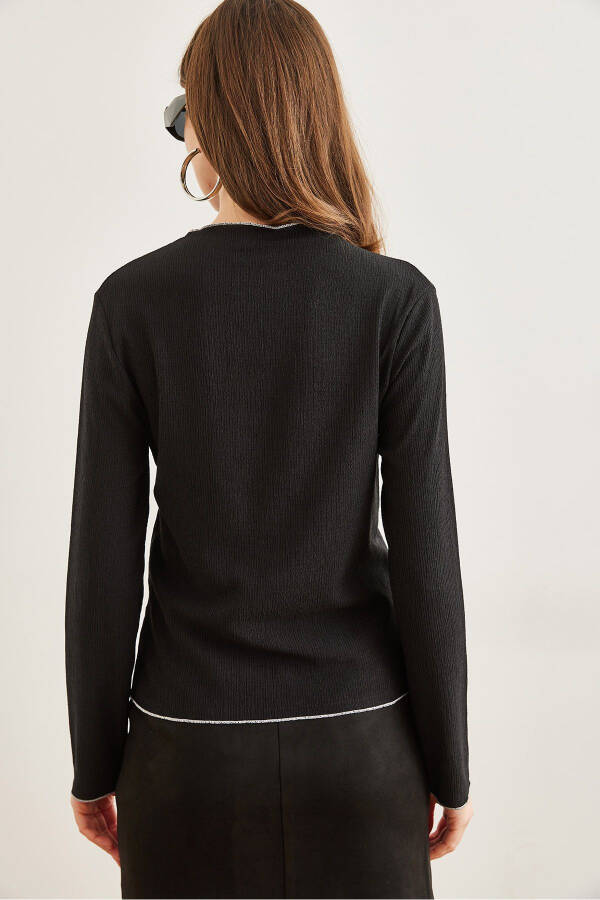 Women's Black High-Neck Ruffled Overlock Detailed Knitted Blouse BLZ-19002783 - 6