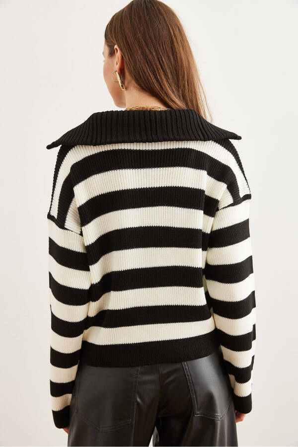 Women's Black High Neck Zipper Detailed Striped Knitted Sweater KZK-19000878 - 4