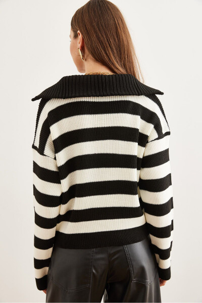 Women's Black High Neck Zipper Detailed Striped Knitted Sweater KZK-19000878 - 9