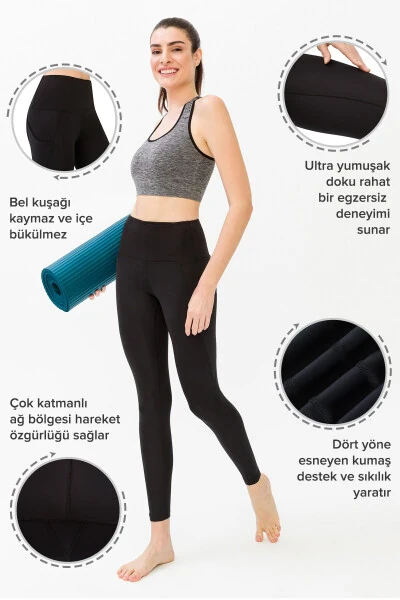 Women's Black High Waist Double Pocket Shaping Leggings - 5