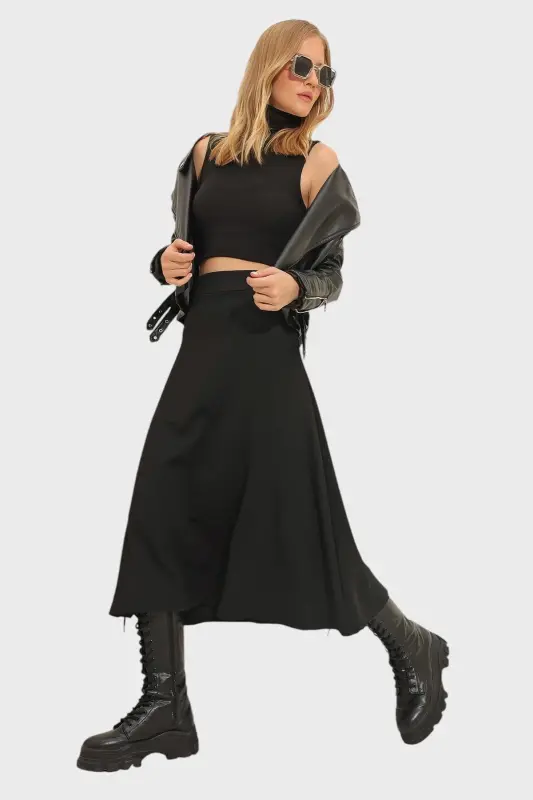Women's Black High Waist Elastic Waistband A-Line Midi Skirt ALC-X11324 - 1