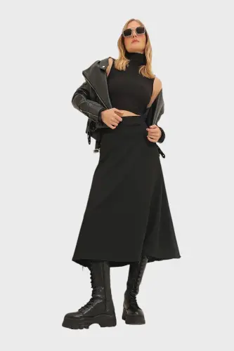 Women's Black High Waist Elastic Waistband A-Line Midi Skirt ALC-X11324 - TREND ALAÇATI STILI (1)