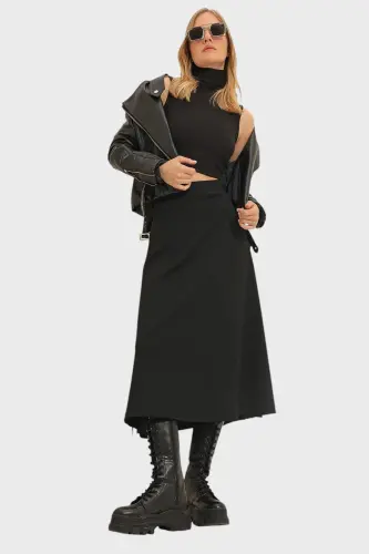 Women's Black High Waist Elastic Waistband A-Line Midi Skirt ALC-X11324 - 3