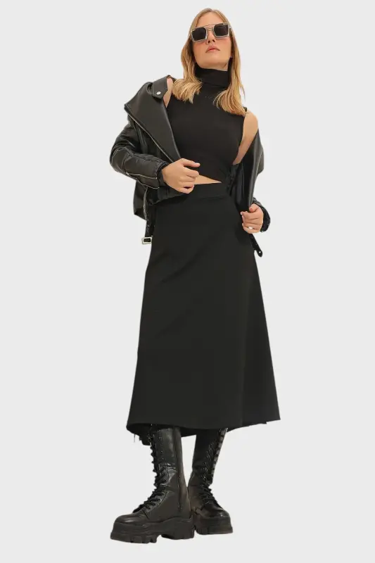 Women's Black High Waist Elastic Waistband A-Line Midi Skirt ALC-X11324 - 3