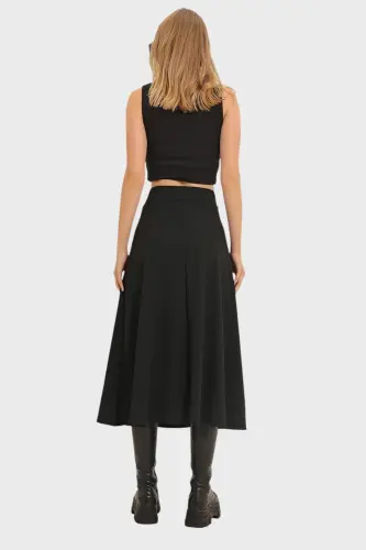 Women's Black High Waist Elastic Waistband A-Line Midi Skirt ALC-X11324 - 4