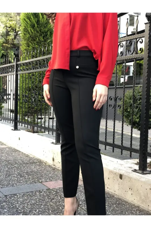 Women's Black High Waist Front Seam Lycra Pants - AYHAN