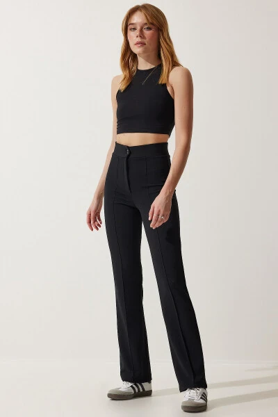 Women's Black High Waist Lycra Comfortable Knitted Pants - HAPPINESS İSTANBUL (1)
