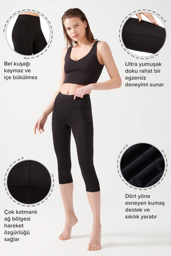 Women's Black High-Waist Shaping Double Pocket Below Knee Capri Leggings - 4