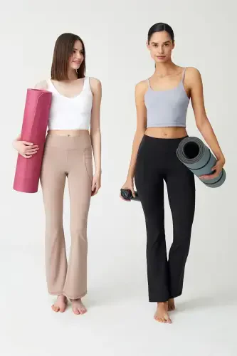 Women's Black High Waist Shaping Double Pocket Bootcut Leggings - 5