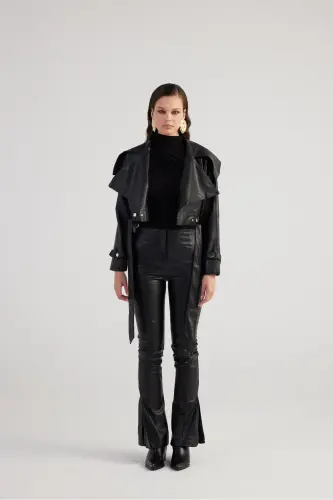 Women's Black High Waist Slit Hem Zippered Neeko Leather Pants - HOLLY LOLLY (1)