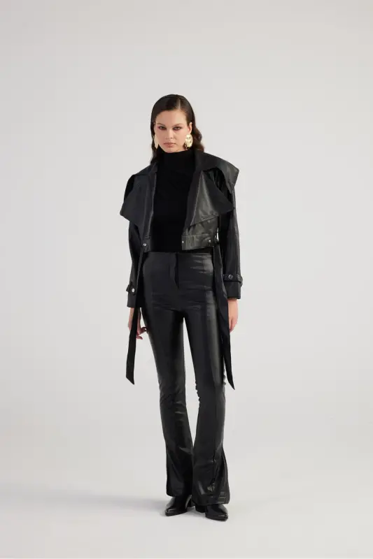 Women's Black High Waist Slit Hem Zippered Neeko Leather Pants - HOLLY LOLLY