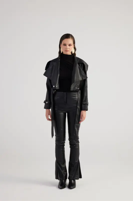 Women's Black High Waist Slit Hem Zippered Neeko Leather Pants - 2
