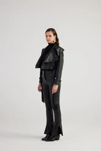 Women's Black High Waist Slit Hem Zippered Neeko Leather Pants - 3
