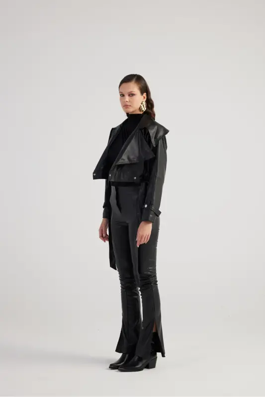 Women's Black High Waist Slit Hem Zippered Neeko Leather Pants - 3