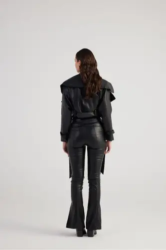 Women's Black High Waist Slit Hem Zippered Neeko Leather Pants - 4
