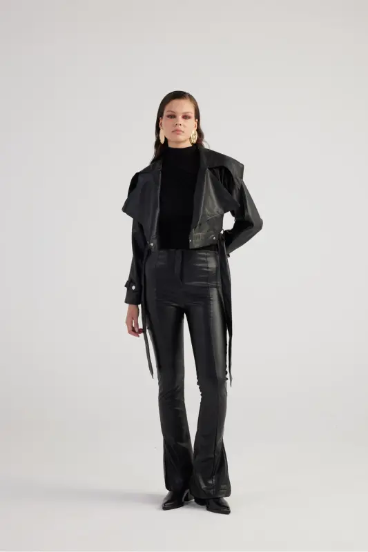 Women's Black High Waist Slit Hem Zippered Neeko Leather Pants - 5