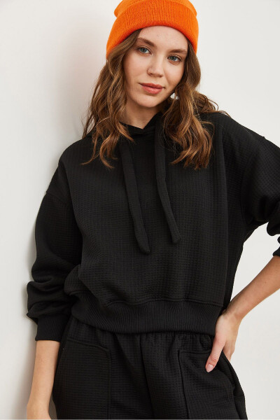 Women's Black Hooded Drawstring Waffle Sweatshirt SWT-19000708 - 6