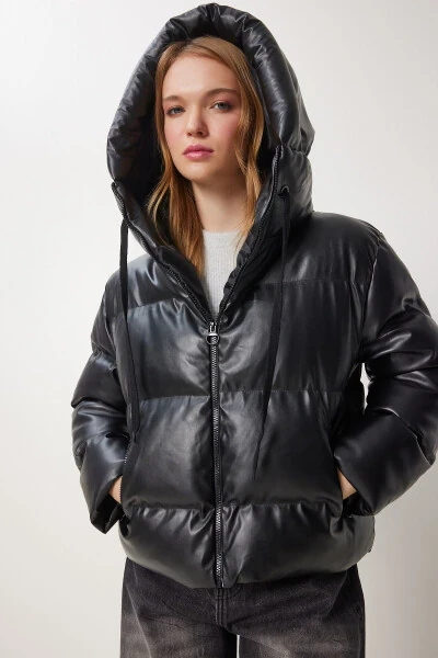 Women's Black Hooded Faux Leather Jacket RV00065 - Happiness İstanbul (1)