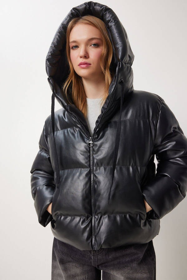 Women's Black Hooded Faux Leather Jacket RV00065 - 2