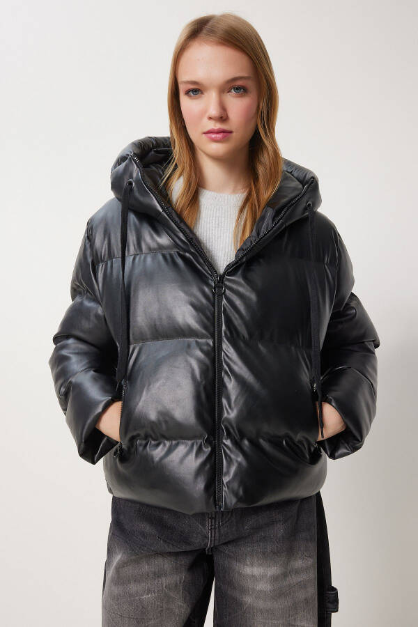 Women's Black Hooded Faux Leather Jacket RV00065 - 3