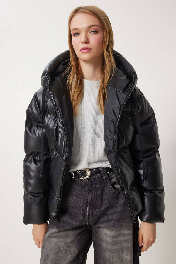 Women's Black Hooded Faux Leather Jacket RV00065 - 5