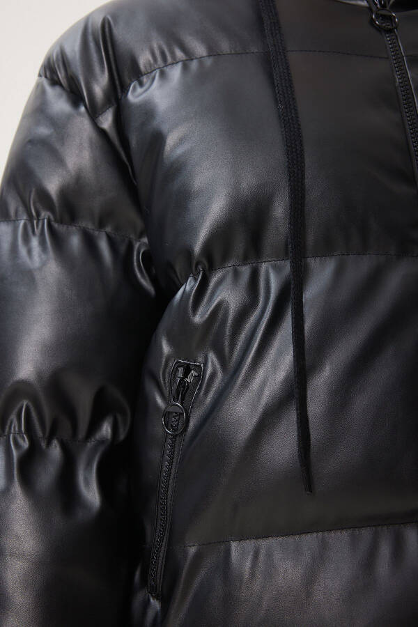 Women's Black Hooded Faux Leather Jacket RV00065 - 6