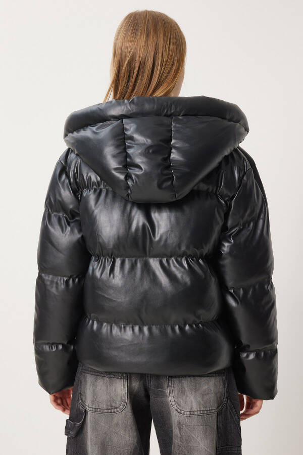 Women's Black Hooded Faux Leather Jacket RV00065 - 8