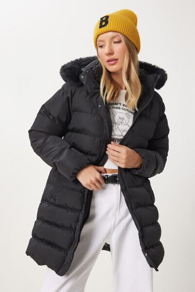 Women's Black Hooded Fur Detailed Belted Puffer Jacket AW00012 - 3
