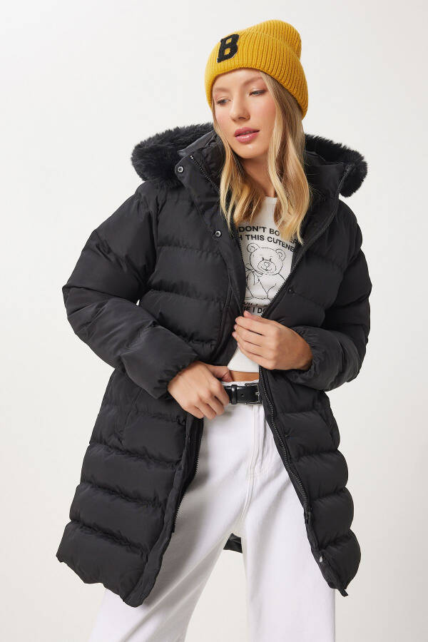 Women's Black Hooded Fur Detailed Belted Puffer Jacket AW00012 - 3
