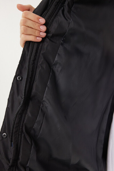 Women's Black Hooded Fur Detailed Belted Puffer Jacket AW00012 - 6