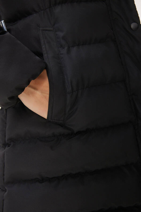 Women's Black Hooded Fur Detailed Belted Puffer Jacket AW00012 - 7