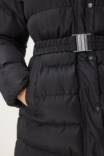 Women's Black Hooded Fur Detailed Belted Puffer Jacket AW00012 - 8