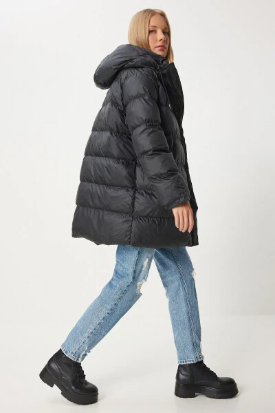 Women's Black Hooded Long Puffer Coat EG00003 - Happiness İstanbul