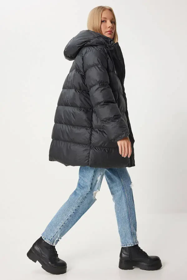 Women's Black Hooded Long Puffer Coat EG00003 - 1
