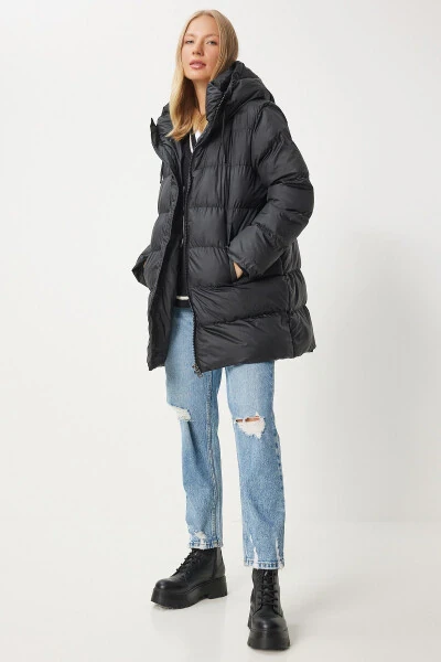 Women's Black Hooded Long Puffer Coat EG00003 - Happiness İstanbul (1)