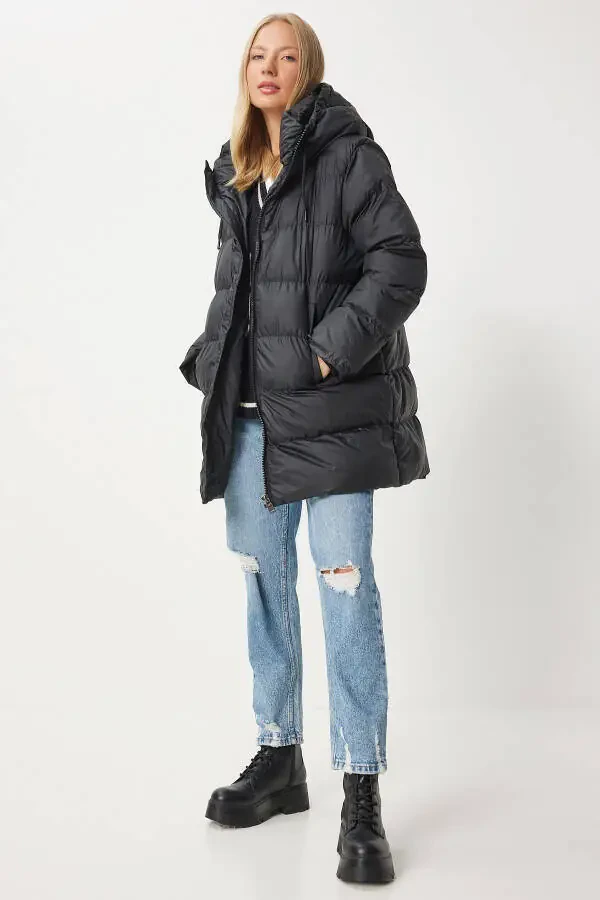 Women's Black Hooded Long Puffer Coat EG00003 - 2