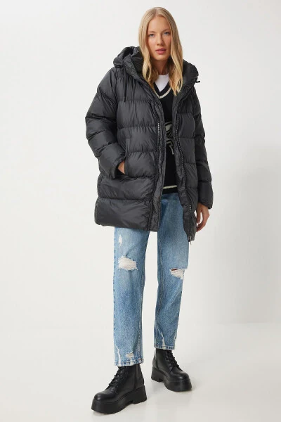 Women's Black Hooded Long Puffer Coat EG00003 - 3