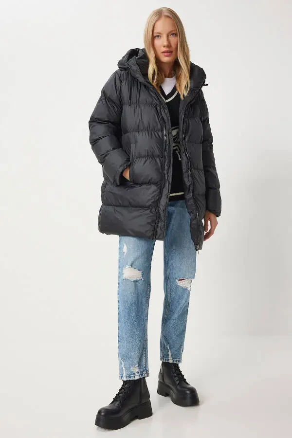 Women's Black Hooded Long Puffer Coat EG00003 - 3