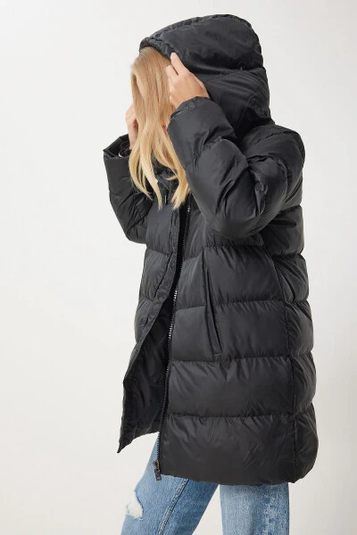 Women's Black Hooded Long Puffer Coat EG00003 - 4