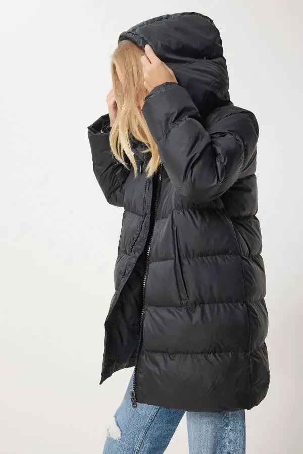 Women's Black Hooded Long Puffer Coat EG00003 - 4