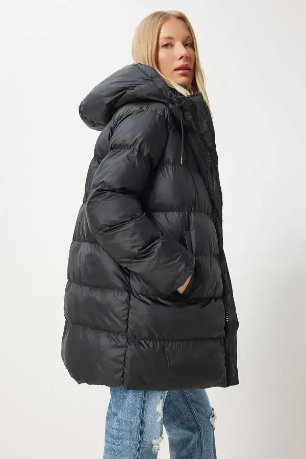 Women's Black Hooded Long Puffer Coat EG00003 - 5
