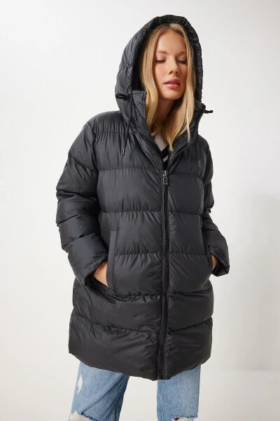 Women's Black Hooded Long Puffer Coat EG00003 - 6