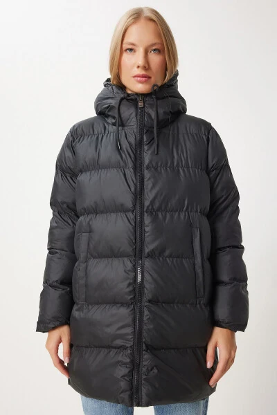 Women's Black Hooded Long Puffer Coat EG00003 - 7