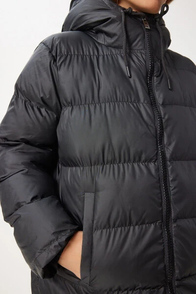 Women's Black Hooded Long Puffer Coat EG00003 - 8